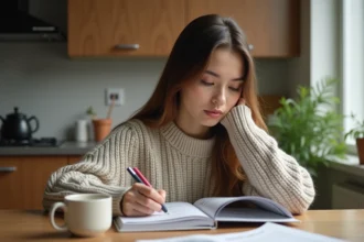 Jeune femme concentrée lisant un magazine de mots