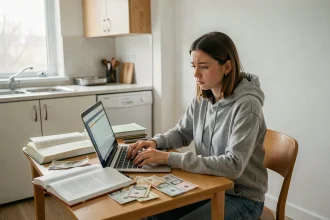 Jeune femme en Service Civique calculant son budget mensuel dans un petit appartement étudiant entouré de factures et de livres