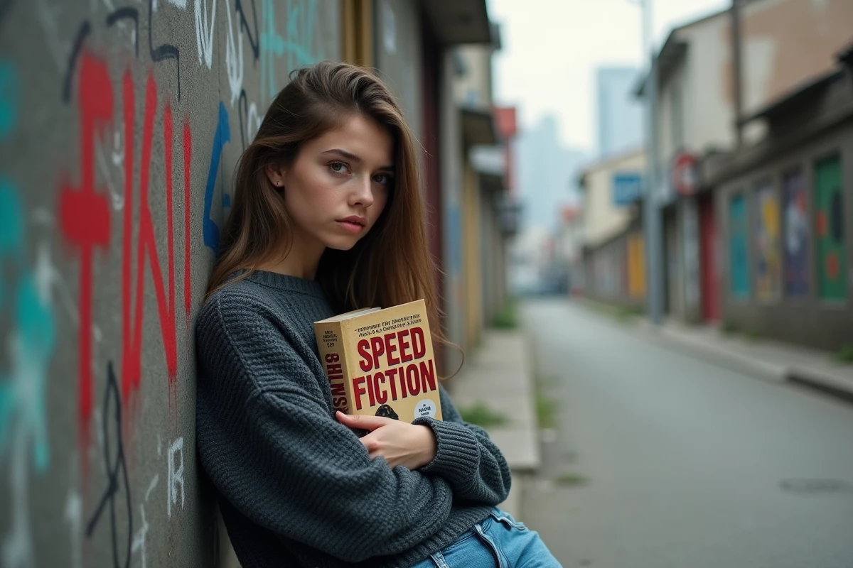 Jeune femme tenant un livre dans une rue graffitée