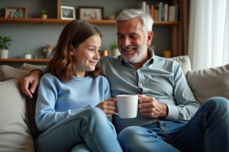 Jeune fille avec son beau-pere dans le salon chaleureux