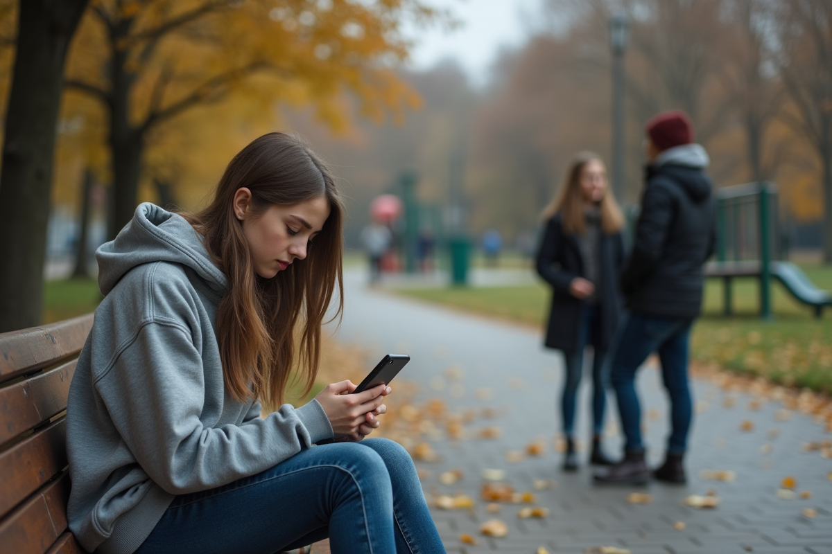Jeune fille en hoodie absorbée par son smartphone dans un parc