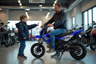 Jeune garçon pointant vers une moto Yamaha PW 50 en showroom