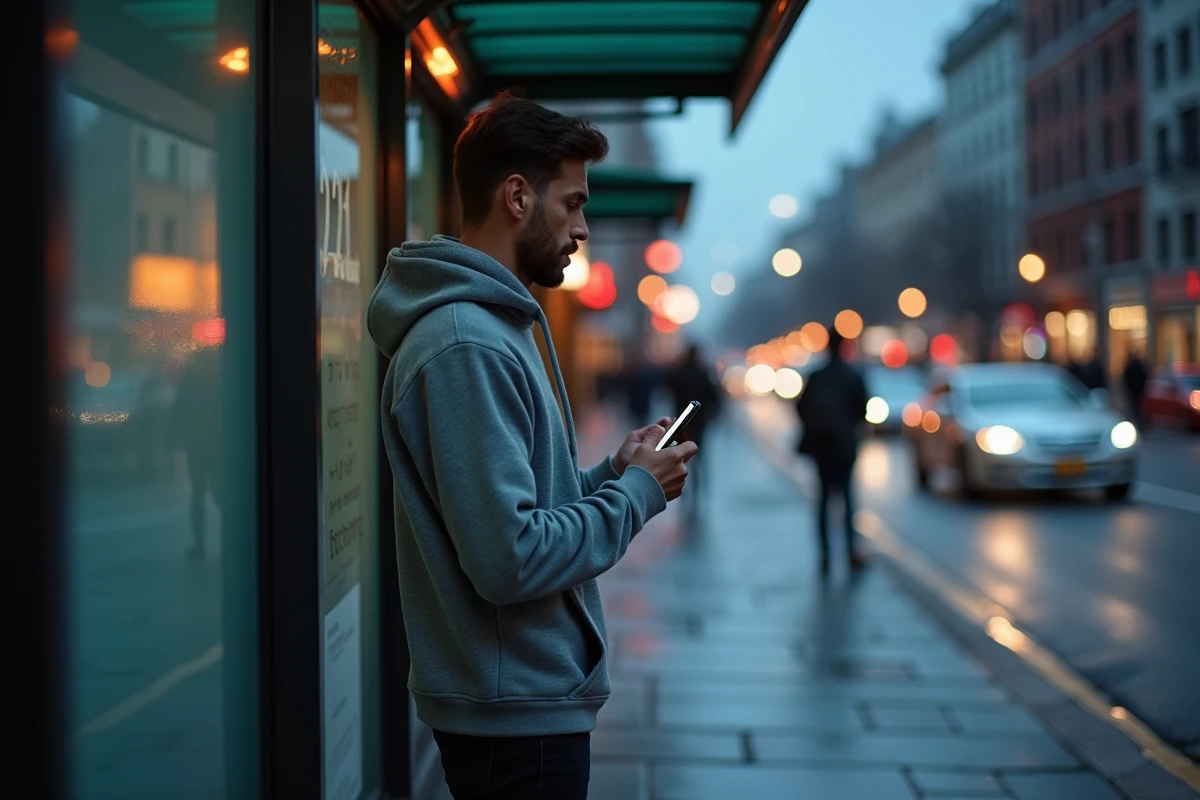 Jeune homme surpris regardant son smartphone avec 21h21 en ville