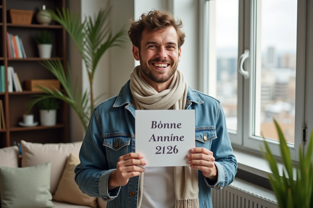 Jeune homme tenant une carte de bonne année dans un appartement lumineux