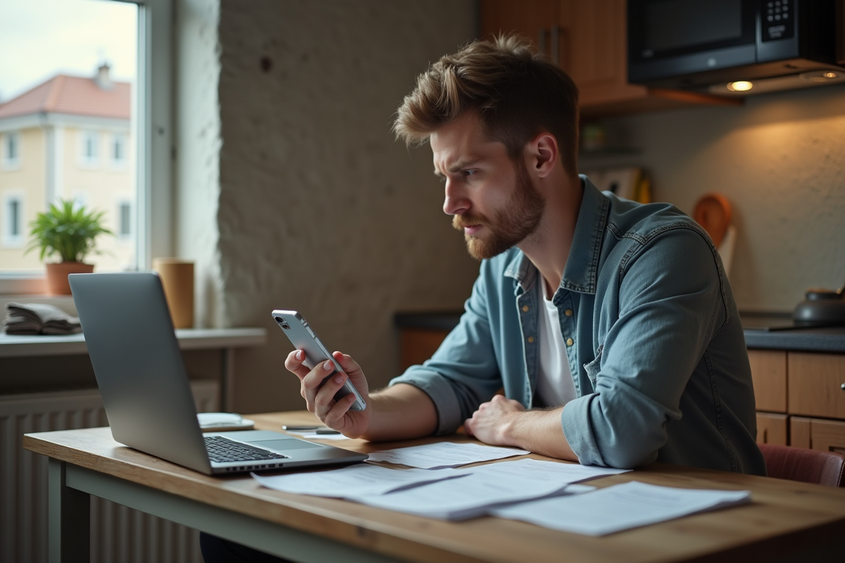 Jeune homme calcule ses dépenses à la maison