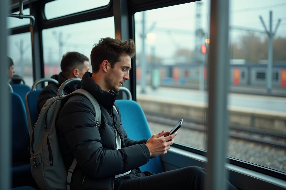 Jeune homme dans un bus de Lyon regardant son smartphone