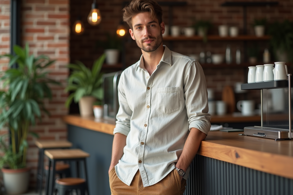 Jeune homme en chemise en lin dans un café moderne