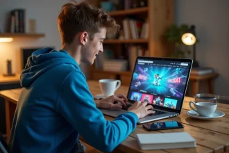 Jeune homme en hoodie bleu utilisant un ordinateur portable à la maison