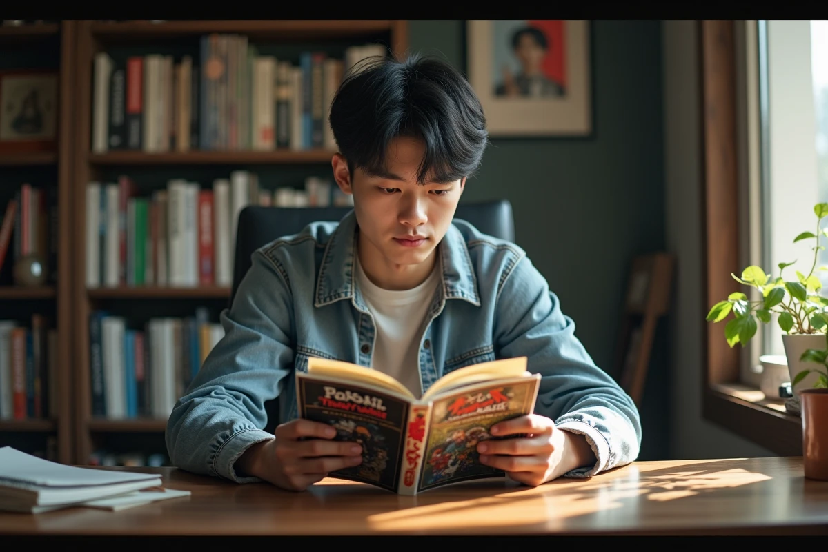 Jeune homme lisant des comics dans un bureau japonais