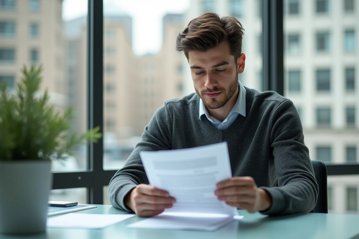Jeune homme lisant un document dans un bâtiment municipal