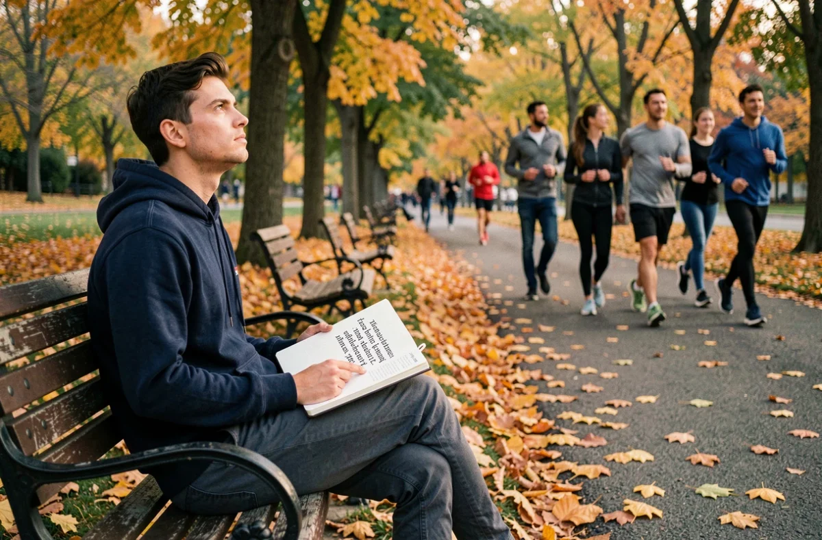 Jeune homme assis dans un parc avec un journal de citations motivantes, prêt à oser aller vers les autres avec détermination