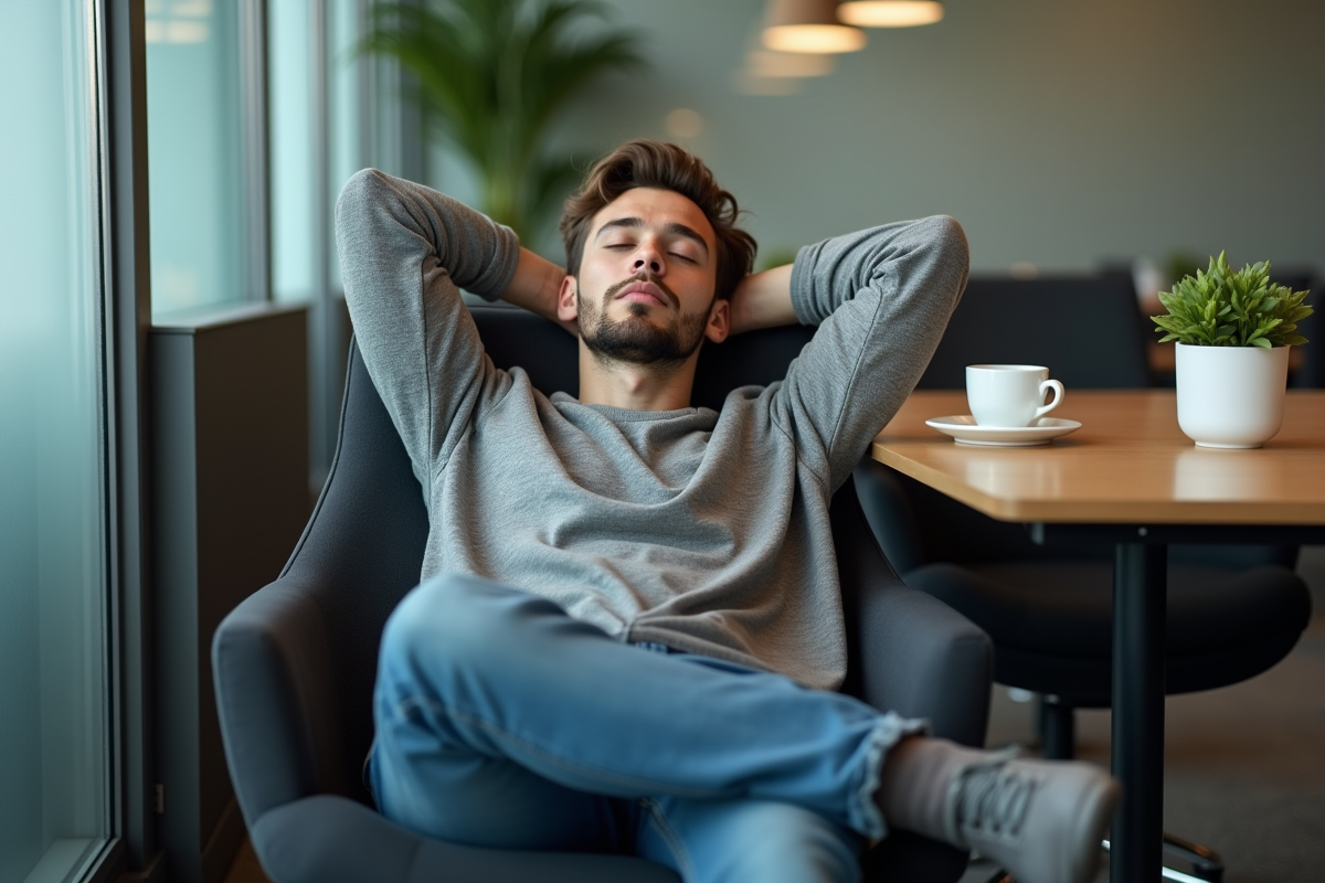Jeune homme en pause dans une salle de repos