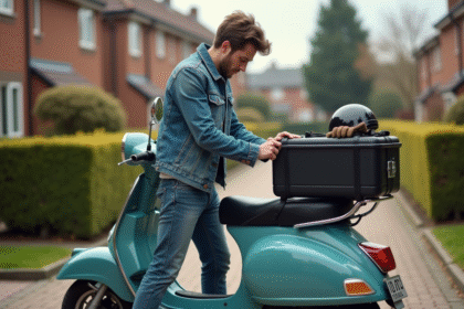 Jeune homme ajustant une valise sur un scooter vintage Chappy 125