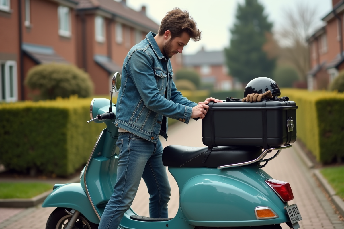 Jeune homme ajustant une valise sur un scooter vintage Chappy 125