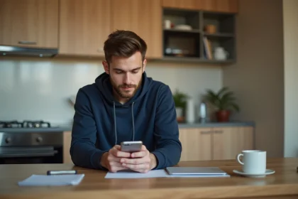 Jeune homme en cuisine avec smartphone et ambiance calme