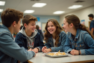 Groupe de jeunes ados discutant à la cantine scolaire