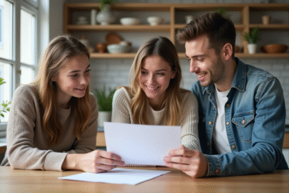 Trois jeunes adultes discutant autour d'une table dans une cuisine moderne