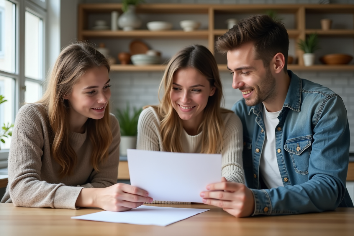 Trois jeunes adultes discutant autour d'une table dans une cuisine moderne