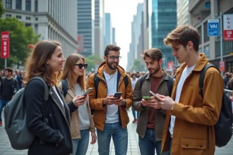 Groupe de jeunes adultes dans une rue urbaine animée