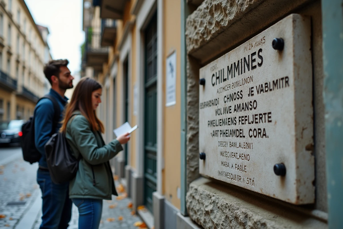 Deux jeunes adultes lisant une plaque commémorative antifasciste sur un mur de pierre dans une rue pavée historique
