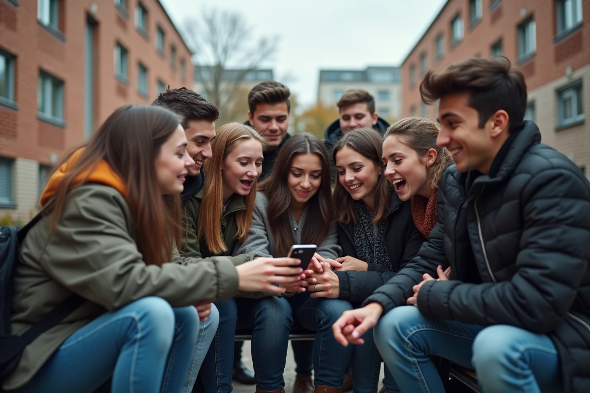 Groupe de jeunes lycéens français réunis autour d'un smartphone écoutant de la musique en streaming dans une cour d'école