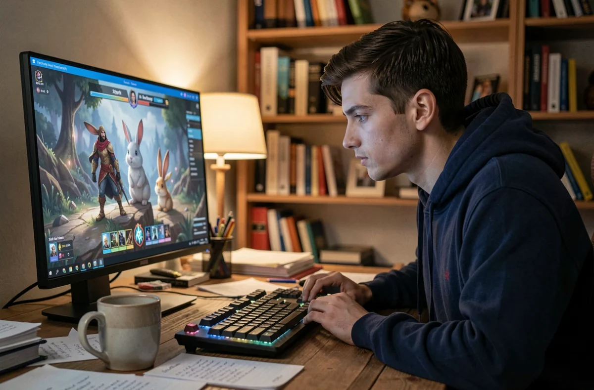 Joueur concentré devant un écran de jeu vidéo fantasy avec interface de quête Dofus, prise de notes sur un bureau en bois encombré