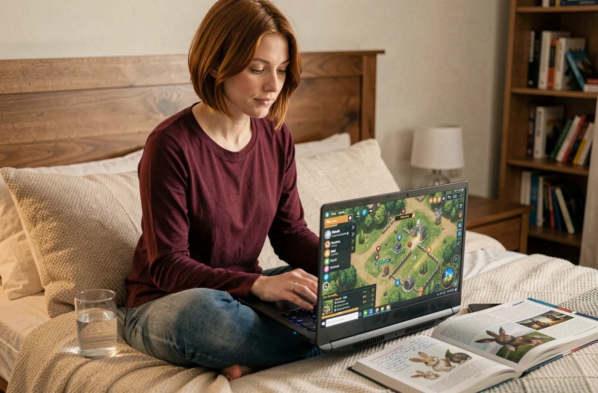 Joueuse adulte consultant une carte de quête Dofus sur son laptop avec guide imprimé annoté, installée confortablement dans sa chambre