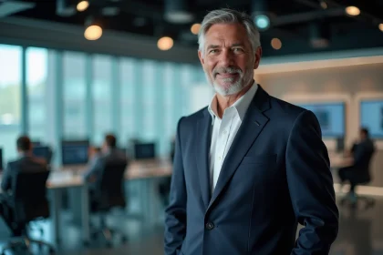 Journaliste présentateur de télévision en costume marine dans un studio de news moderne, portrait professionnel éditorial