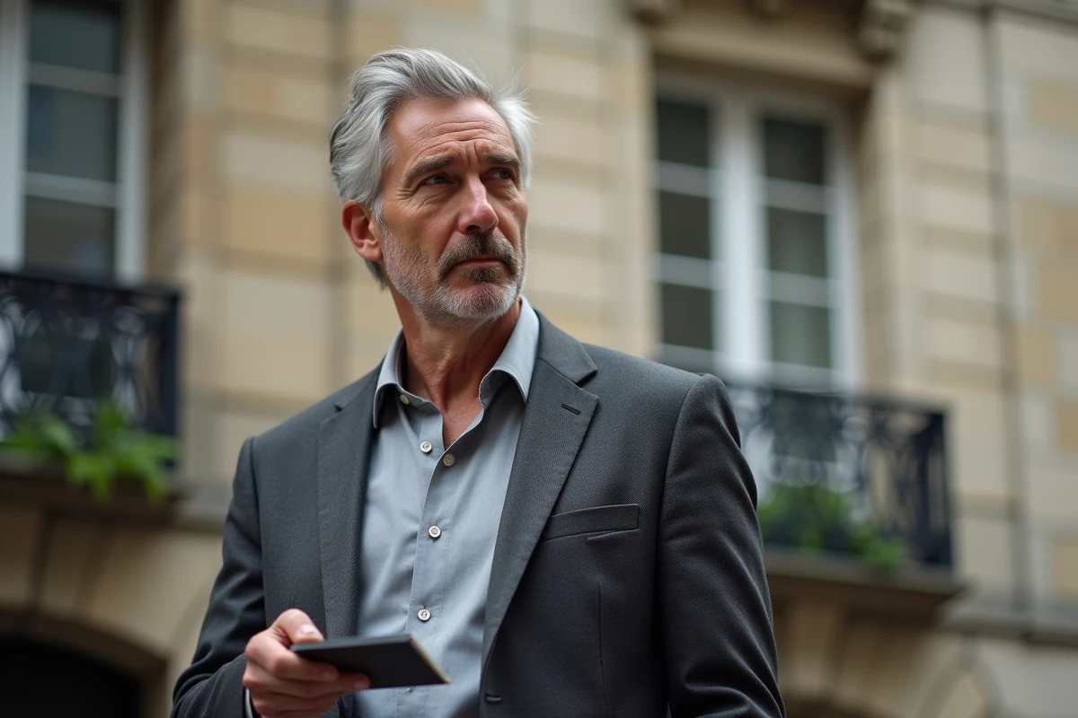 Journaliste reporter en extérieur devant une façade parisienne haussmannienne, portrait éditorial en reportage de presse