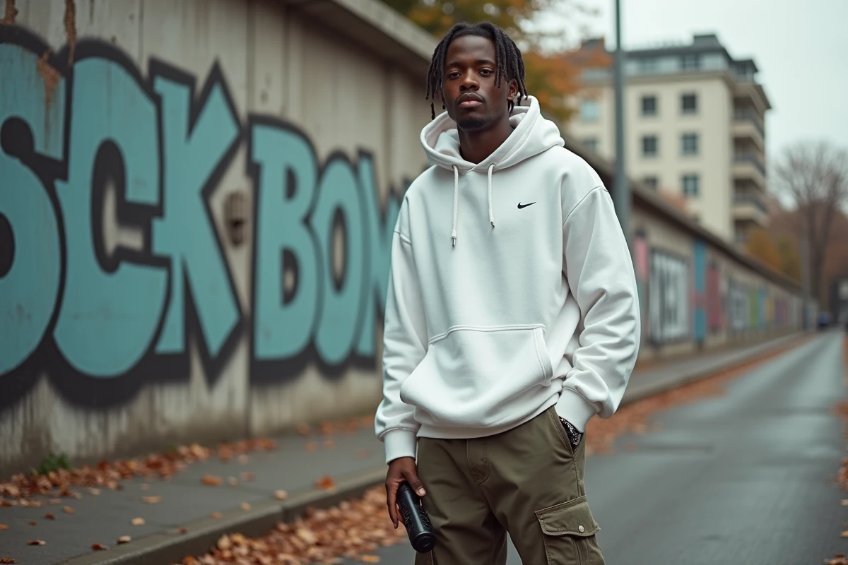 Jeune rappeur français en hoodie blanc devant un mur de graffitis dans une banlieue parisienne, microphone à la main