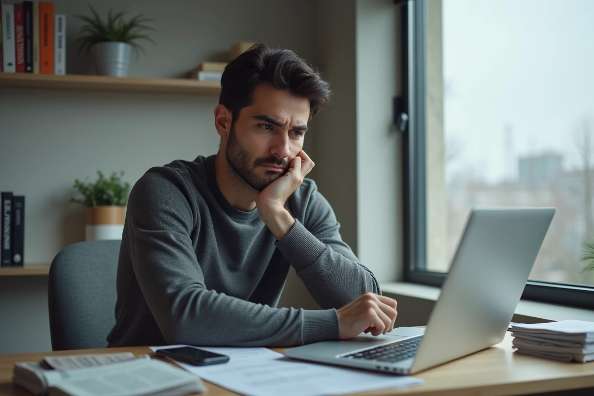 Homme préoccupé devant son bureau à domicile entouré d'articles imprimés, évoquant la gestion de réputation et des rumeurs médiatiques