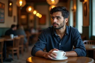 Homme pensif seul dans un café parisien, illustrant la vie privée et la réputation sous pression médiatique