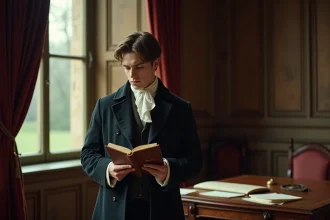 Jeune homme en costume du XIXe siècle tenant un livre dans un manoir français, évoquant le personnage de Julien Sorel dans Le Rouge et le Noir de Stendhal