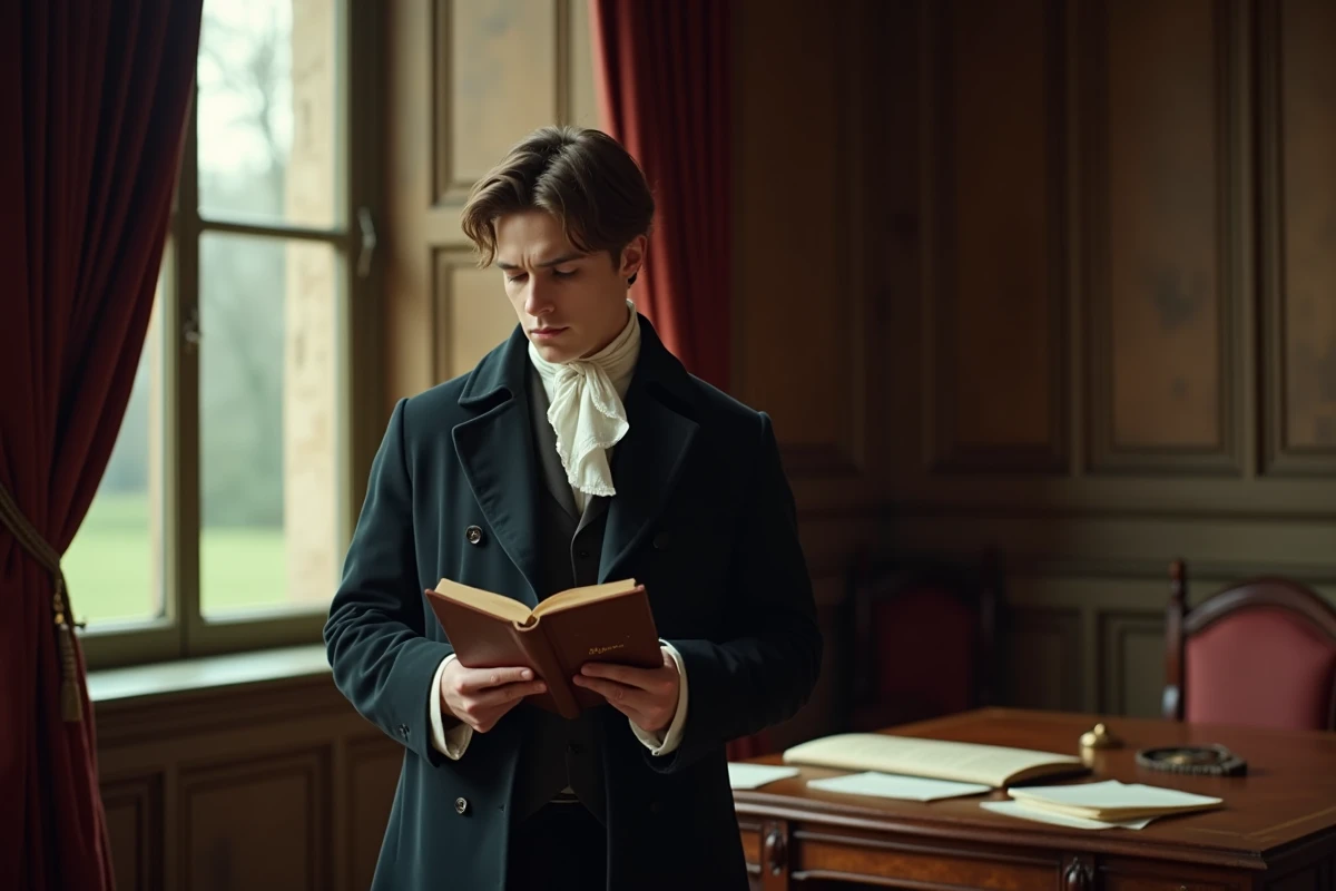 Jeune homme en costume du XIXe siècle tenant un livre dans un manoir français, évoquant le personnage de Julien Sorel dans Le Rouge et le Noir de Stendhal