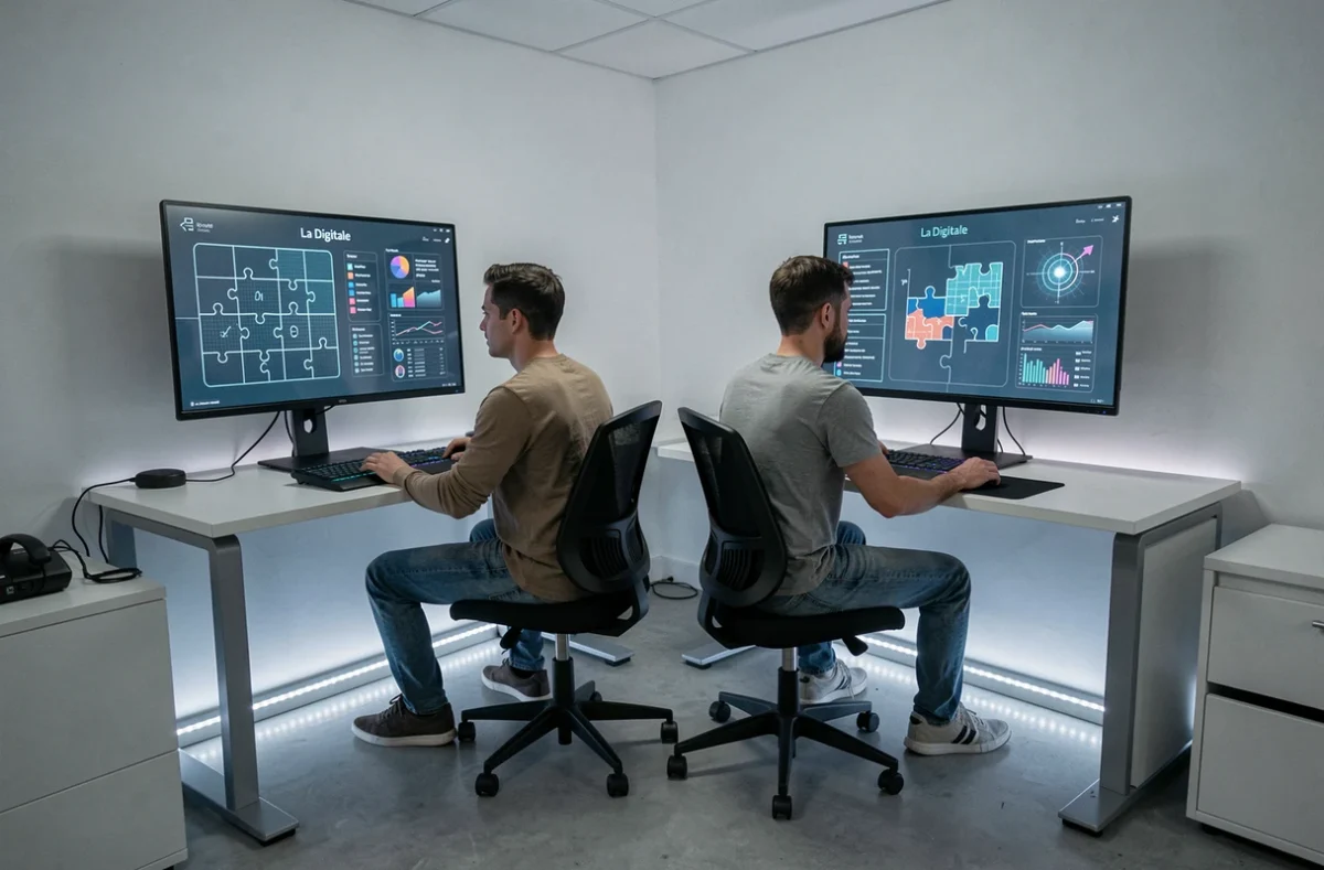 Deux adultes résolvant des énigmes numériques sur des écrans tactiles dans la salle high-tech de l'escape game La Digitale