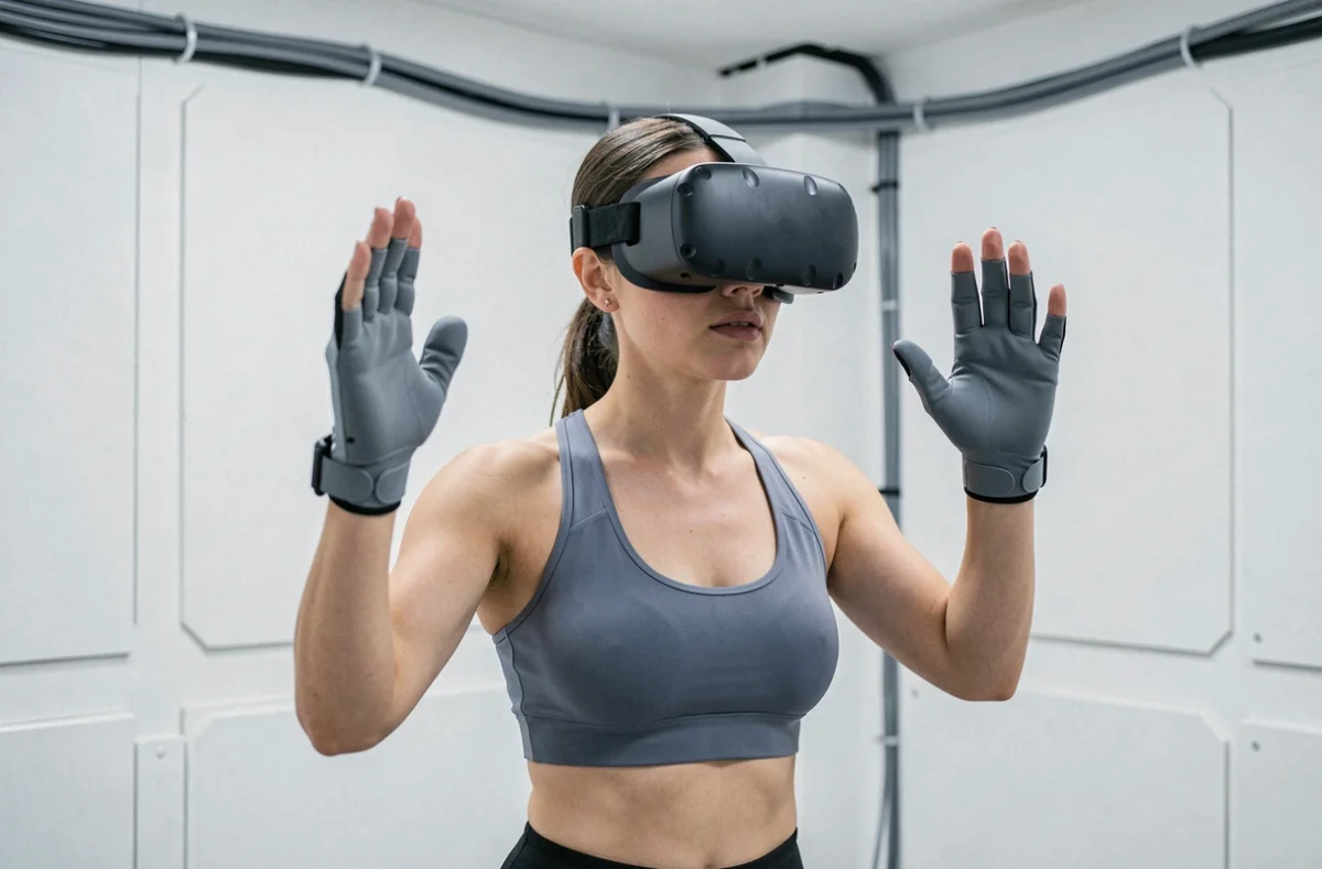 Une femme adulte portant un casque de réalité virtuelle lors d'une session d'escape game VR chez Larustine VR à Limoges