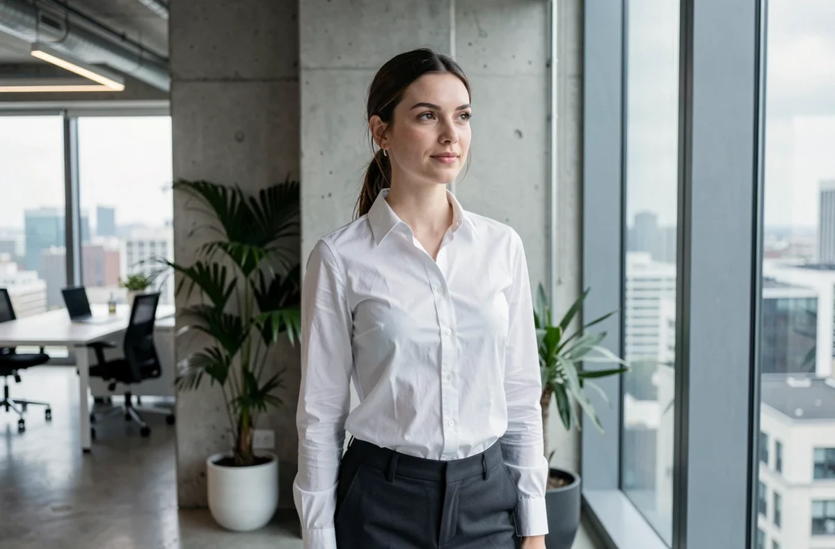 Laurène Godey en bureau éditorial moderne avec vue sur la ville, expression professionnelle et sereine