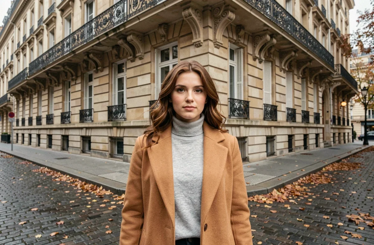 Laurène Godey photographiée devant un immeuble haussmannien parisien en automne, portant un manteau camel