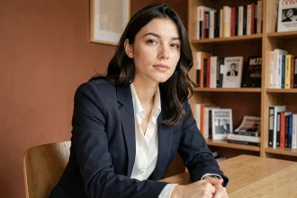 Portrait de Laurène Godey, jeune femme française, assise à un bureau parisien contemporain avec des étagères de livres en arrière-plan