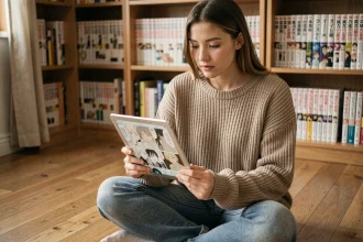 Jeune femme lisant un scan de manga Jinx sur tablette numérique chez elle entourée de volumes de manga