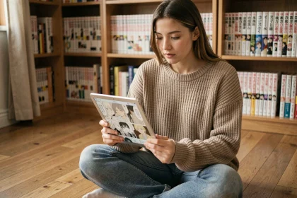 Jeune femme lisant un scan de manga Jinx sur tablette numérique chez elle entourée de volumes de manga
