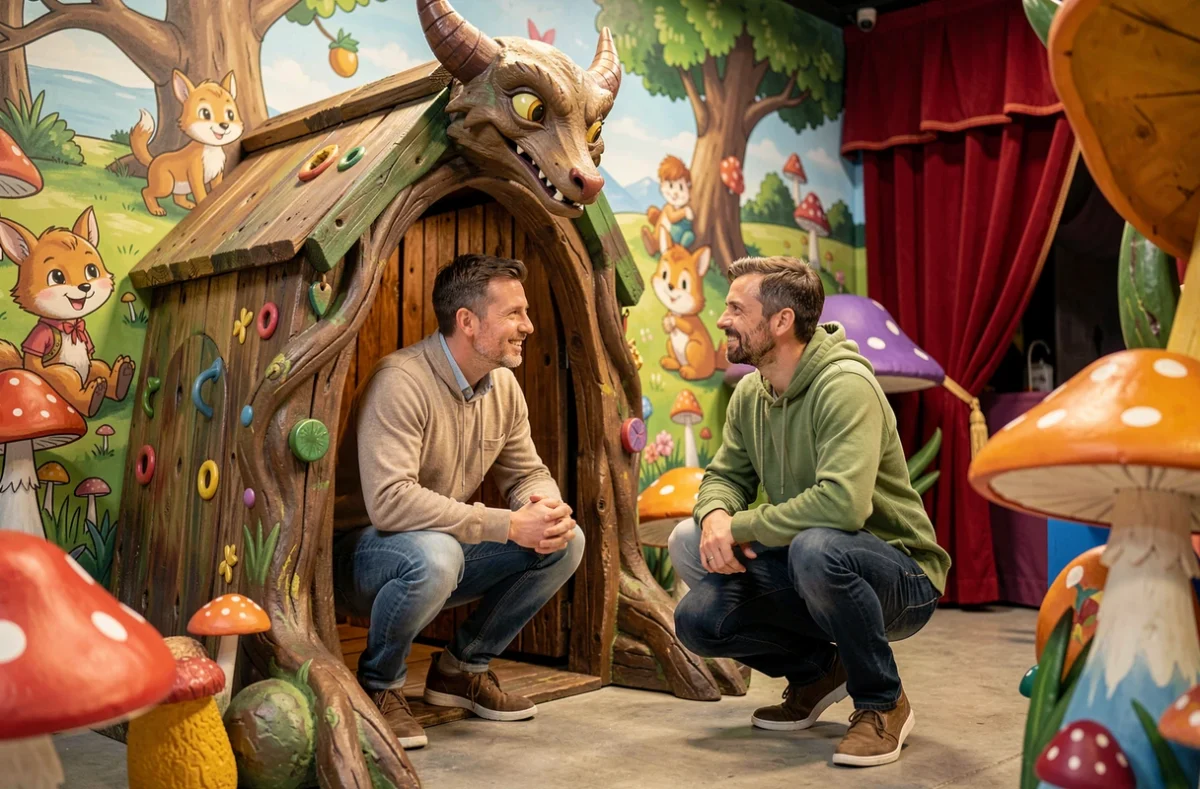 Deux joueurs adultes découvrant le décor fantastique et coloré de l'escape game Le Léotilus avec ses personnages imaginaires peints