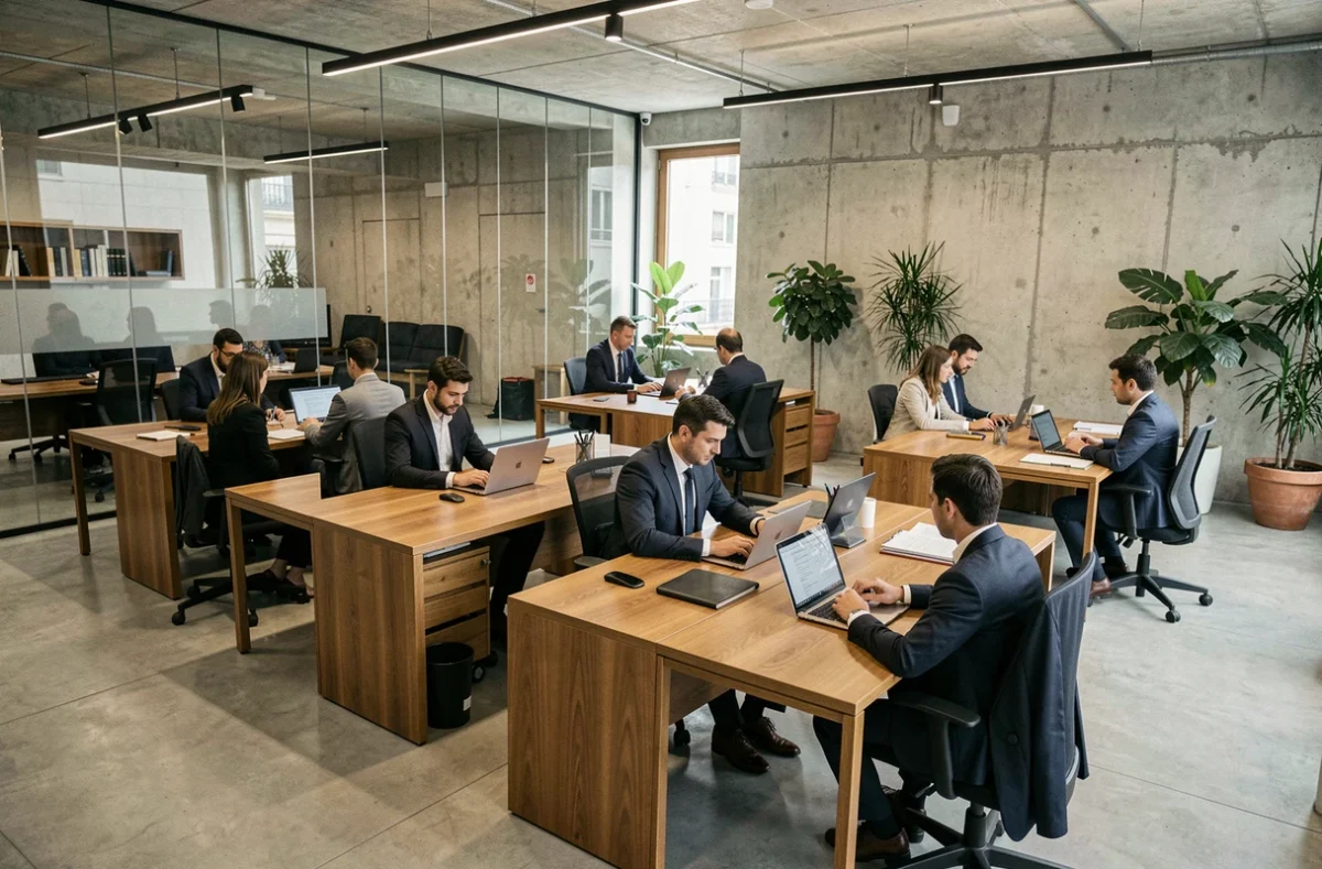 Bureau moderne d'un cabinet d'avocats pluridisciplinaire à Saint-Étienne avec des professionnels en costume travaillant en équipe