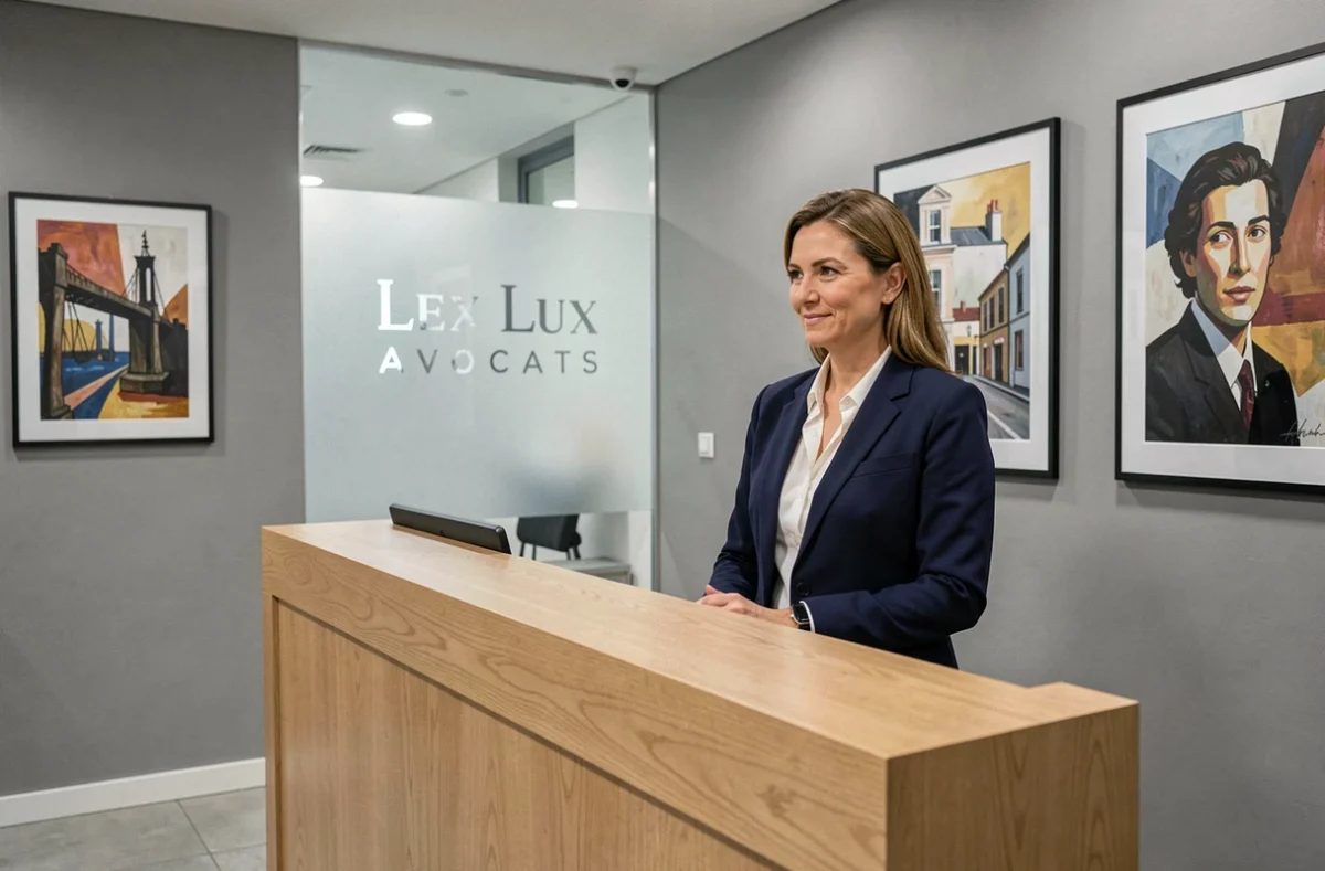 Réception moderne du cabinet Lex Lux Avocats avec panneau en verre gravé et accueil professionnel