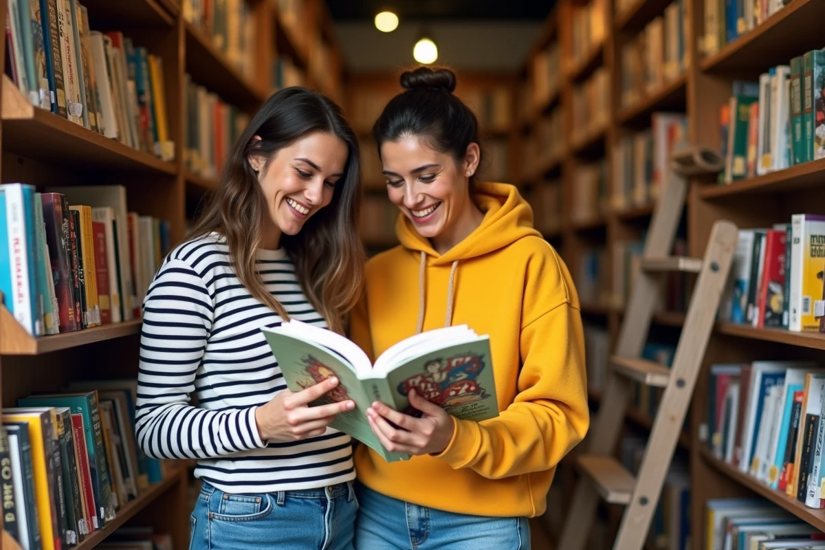 Deux amis riant en feuilletant un livre insolite dans une librairie indépendante de Toulouse