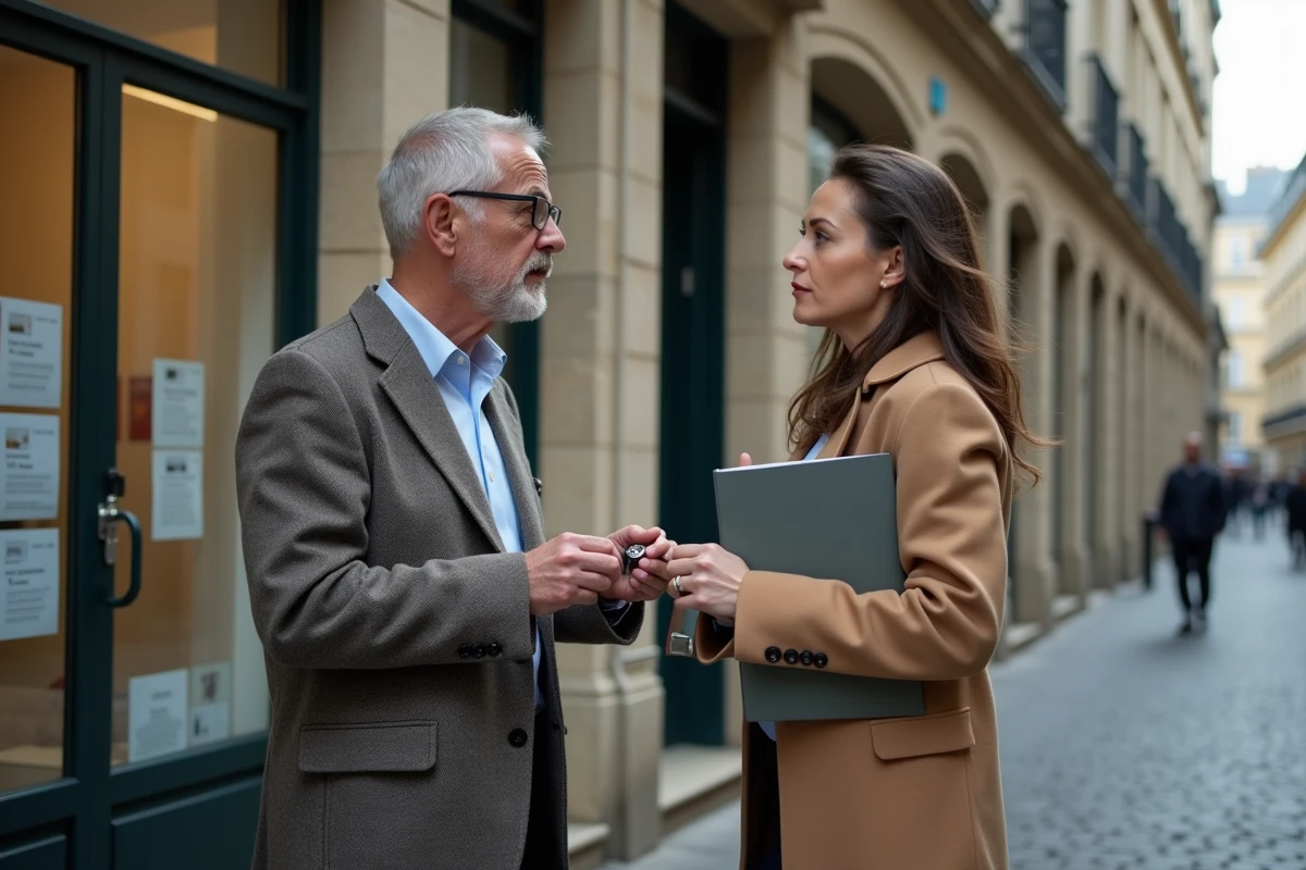 Vendeur et acheteur en discussion devant une agence immobilière, illustrant un litige lié aux vices cachés et aux obligations du vendeur