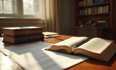 Pile de livres de droit français ouverts sur un bureau ensoleille