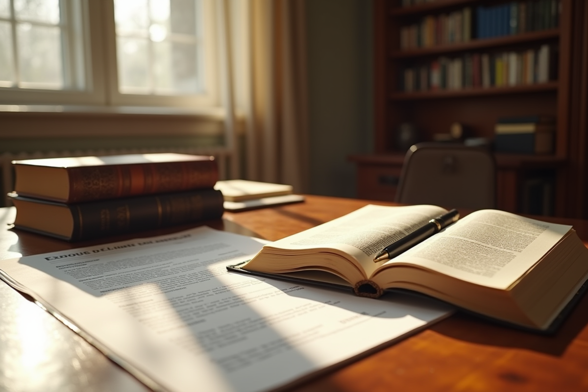 Pile de livres de droit français ouverts sur un bureau ensoleille