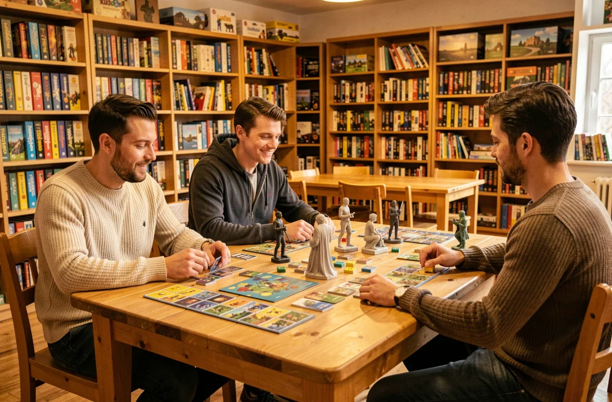 Trois adultes jouant à des jeux de société dans la ludothèque Ludotopie entourés de rayonnages remplis de jeux de plateau