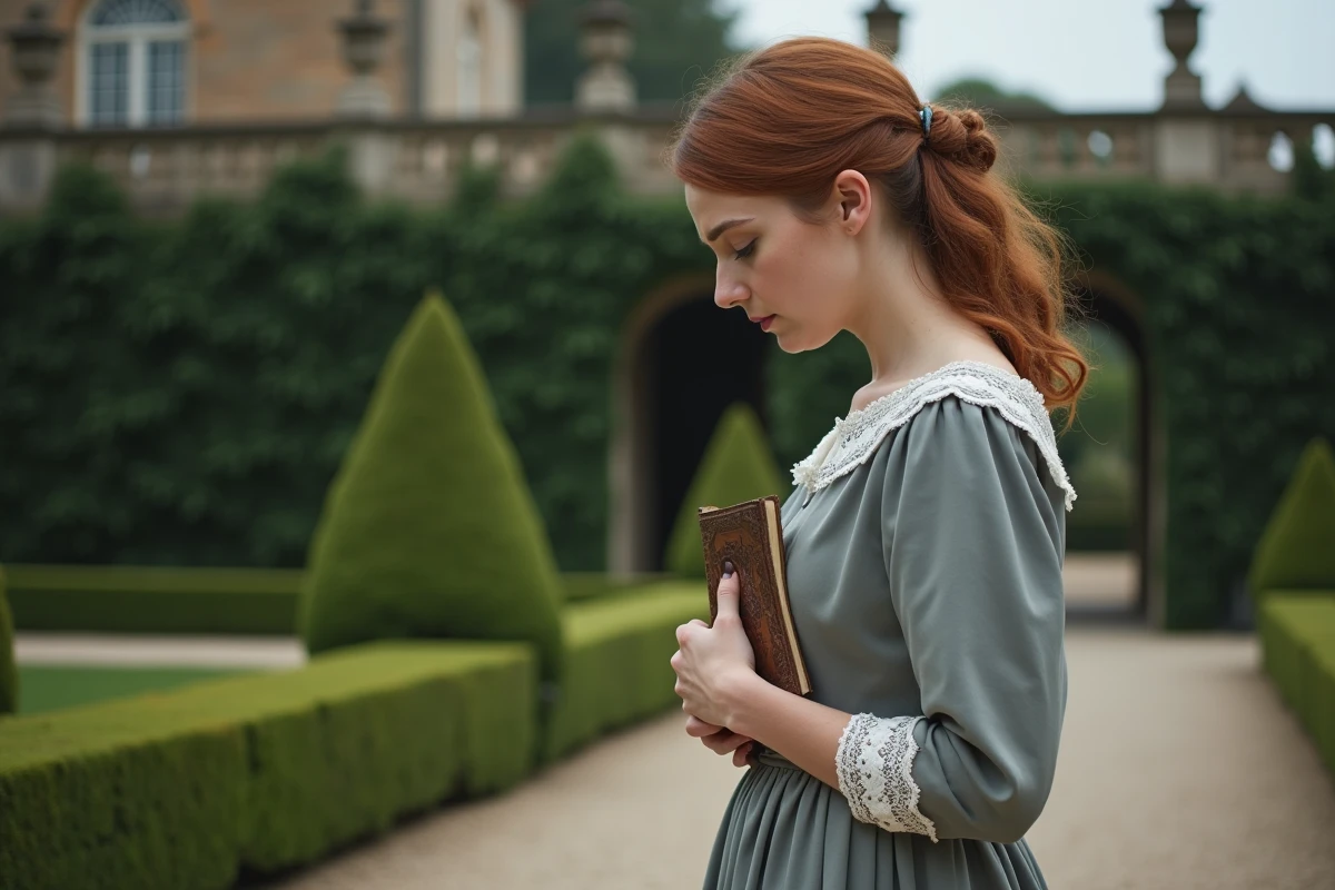 Femme en robe du XIXe siècle dans le jardin d'un château de province, évoquant le personnage de Madame de Rênal dans Le Rouge et le Noir de Stendhal